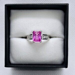 Pink CZ Statement Ring Size 8 Emerald Cut Cocktail Silver Tone